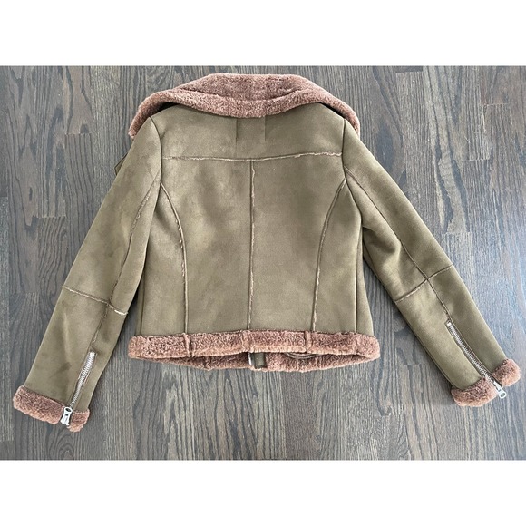 ZARA olive green brown faux suede/sherpa teddy moto jacket Sz. XS - Picture 9 of 9
